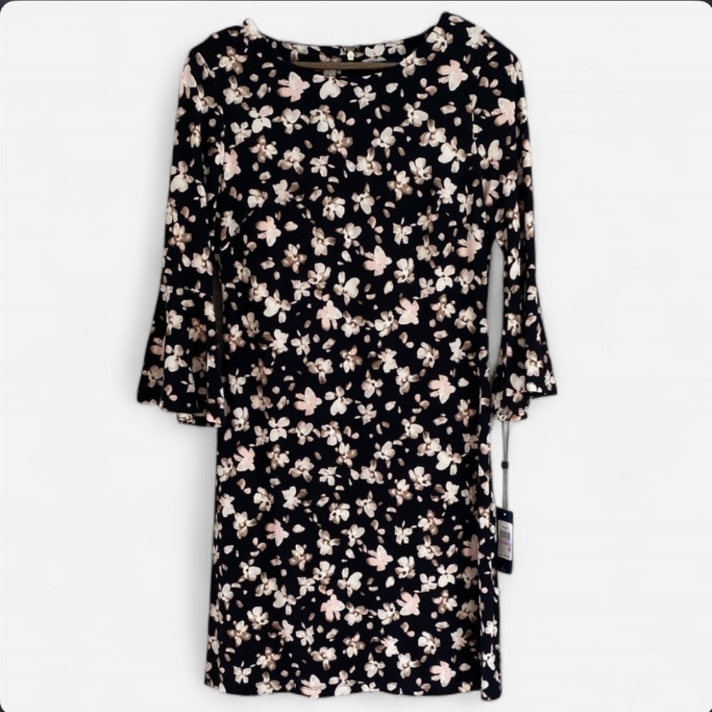 Tommy Hilfiger Women’s Floral Bell Sleeve Knee Length Dress Black and Pink 6